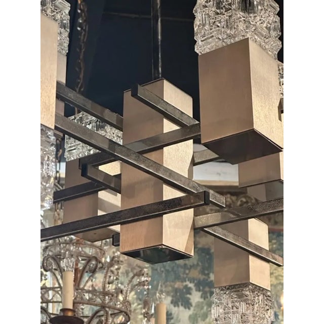 Mid 20th Century French MCM Nickle and Glass 8 Light Suspension Chandelier For Sale - Image 5 of 7