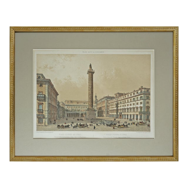 Antique Rome Lithograph Piazza Colonna Benoist Italian Architecture Grand Tour Framed Wall Art 19th Century For Sale