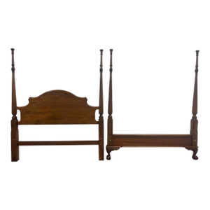 Vintage Full Size Chippendale Style Four Poster Rice Bed Headboard and Footboard