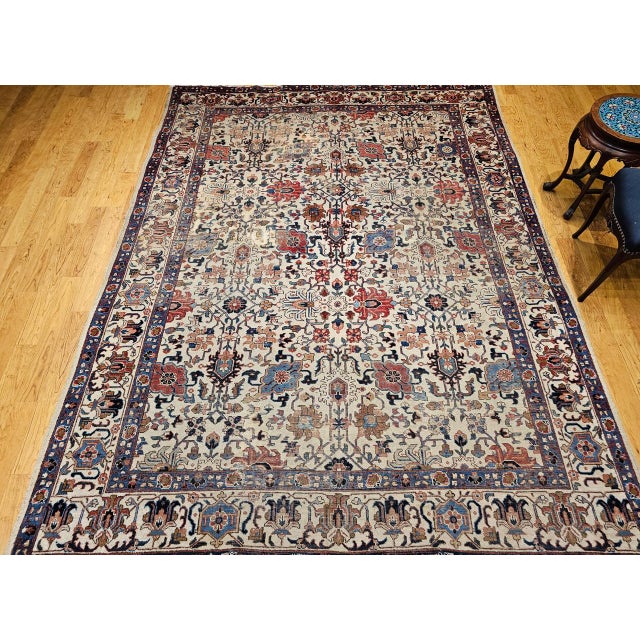 Vintage Tabriz Rug, Hand-Knotted Wool, Allover Geometric Pattern, Ivory & Blue, 8x10 For Sale In Chicago - Image 6 of 18
