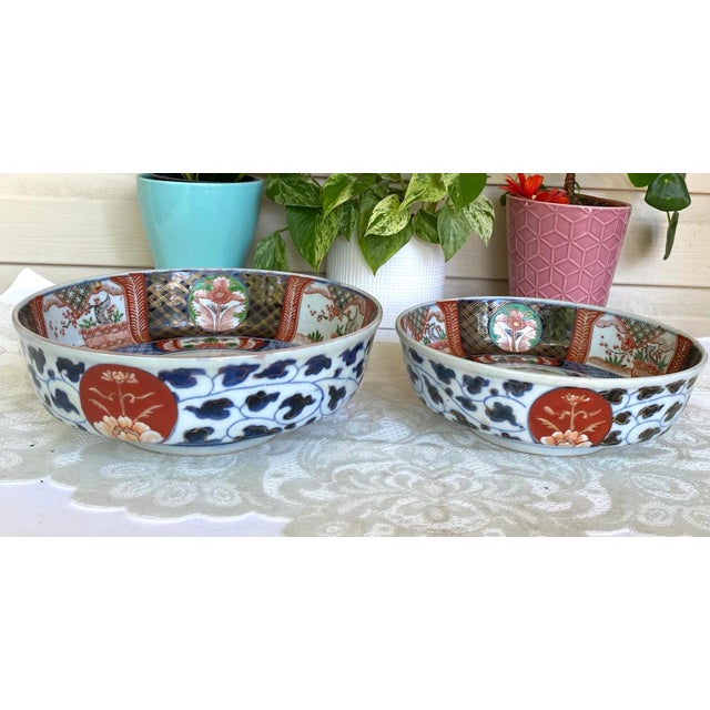 Japanese Mid 20th Century Antique Japanese Imari Porcelain Footed Rice Serving Bowl - Hand Painted With Blue Fuku Mark - Set of 2 For Sale - Image 3 of 13