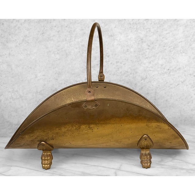 Vintage English Regency Brass Lions Paw Fireplace Firewood Log Holder For Sale - Image 4 of 10