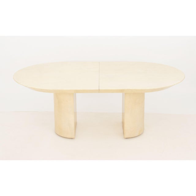 Karl Springer Attributed "Knife Edge" Goatskin Extending Dining Table, with three central leaves on two half circle...