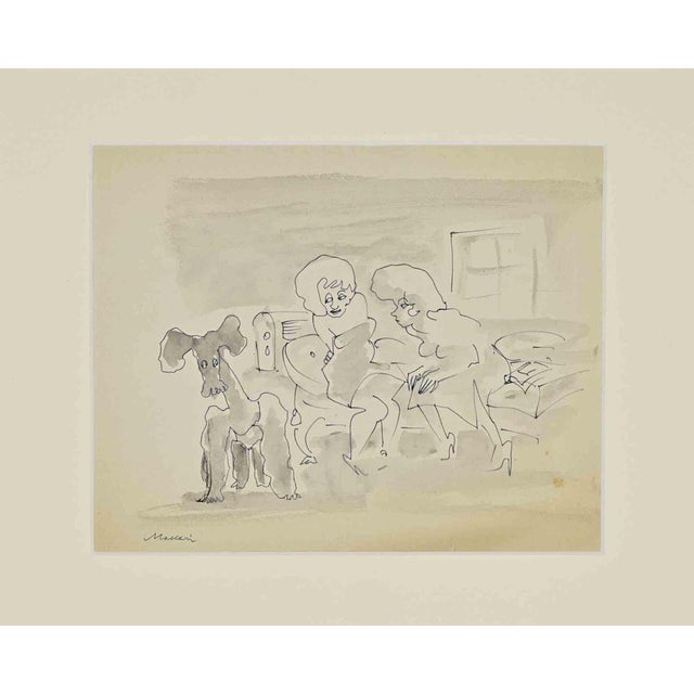 Ink and watercolor on paper. A charming and incisive drawing by Mino Maccari, executed in ink with light wash, depicting...