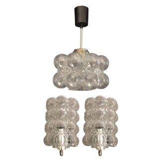 Pair of Handblown Glass Bubble Sconces With Matching Pendant Chandelier For Sale