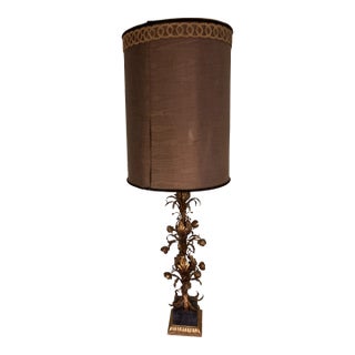 Vintage Italian Gilt Gold Floral Tole Black Marble Table Lamp For Sale