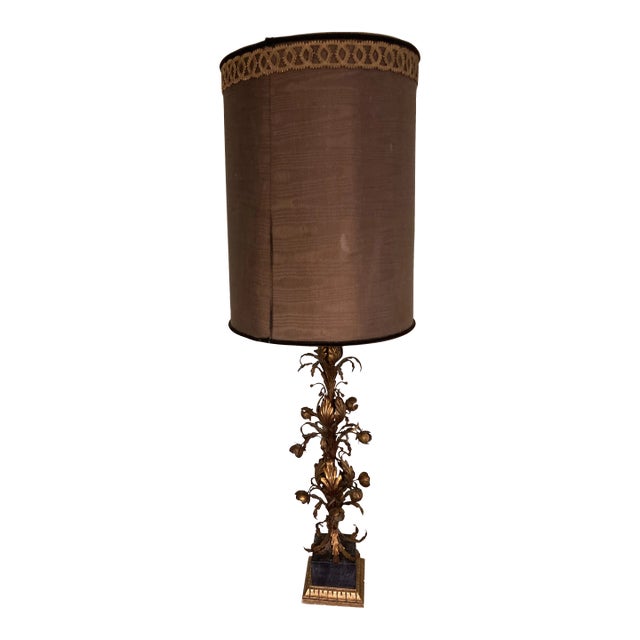 Vintage Italian Gilt Gold Floral Tole Black Marble Table Lamp For Sale