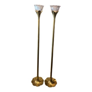 1970s Pair of Stiffel Brass Tulip Floor Lamps With Ribbed Glass Shades For Sale