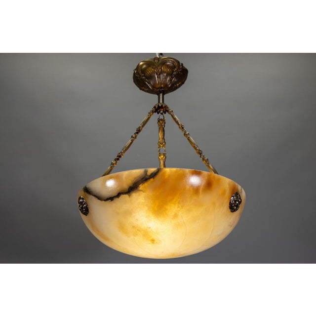 French Art Deco Cream Alabaster and Brass Pendant Light, 1920s For Sale - Image 15 of 18