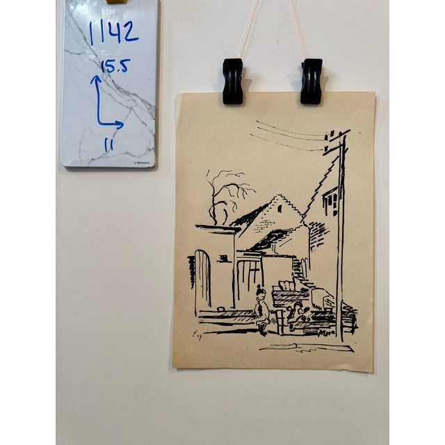 Paper Henry Emil Salloch Original Pen and Ink on Paper Intimate Village Scene, 1934. For Sale - Image 7 of 7