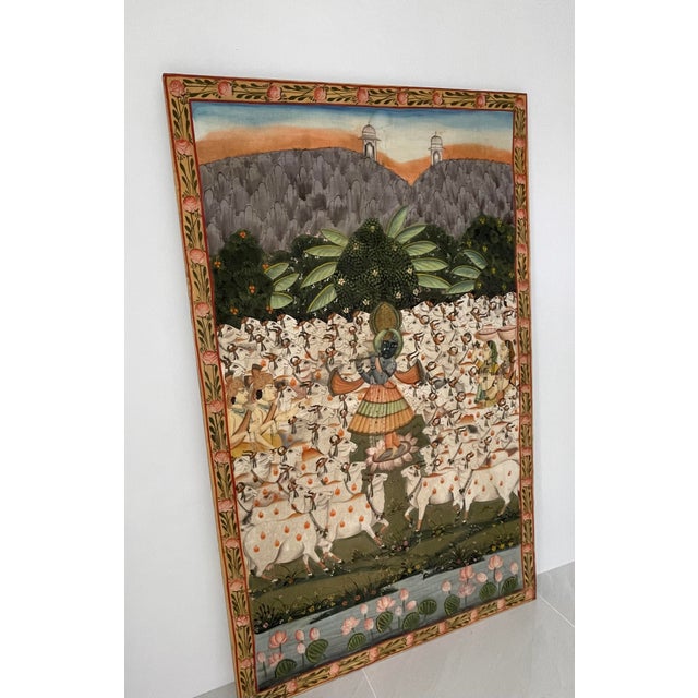 Large Krishna Painting Playing Flute on Silk For Sale - Image 9 of 10