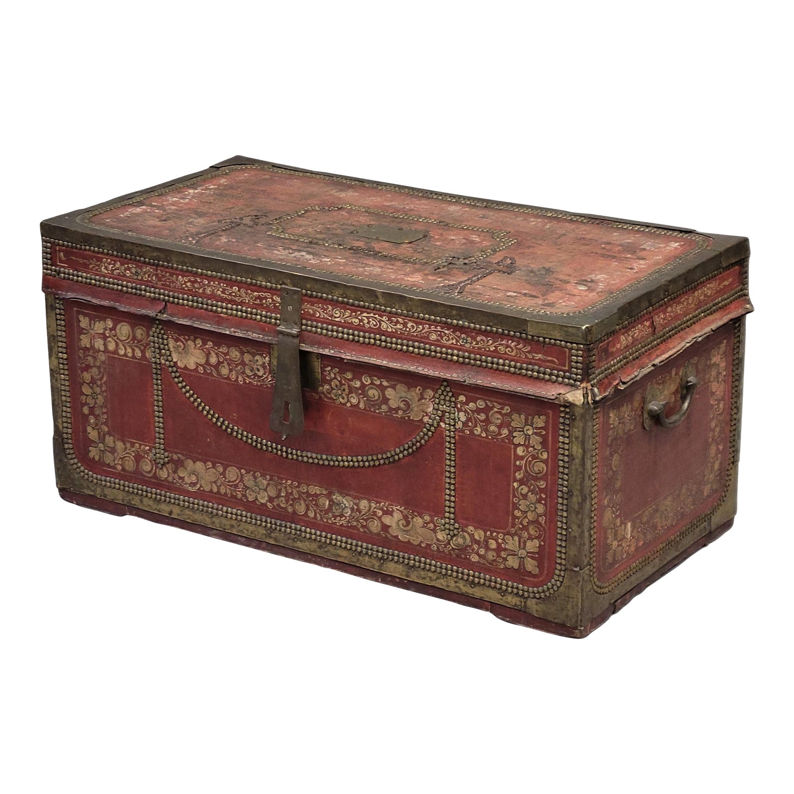 Antique Red Leather, Brass and Camphor Wood Chinese Export Trunk