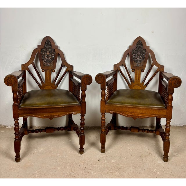 Spanish Revival Armchairs with Carved Crest, 1920s, Set of 2 For Sale - Image 4 of 11