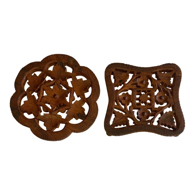 1970s Vintage Hand Carved Wooden Trivet Set From India- Set of 2 For Sale