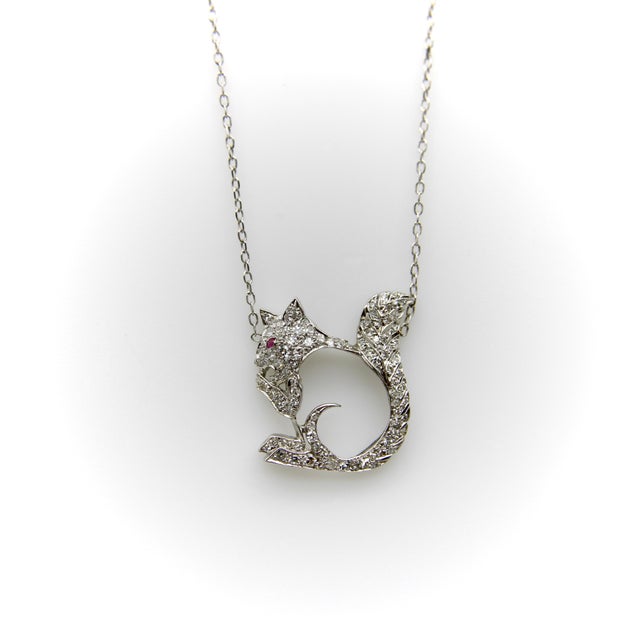 Art Deco 1940s Retro Platinum Encrusted Squirrel Pendant With 14k White Gold Chain For Sale - Image 3 of 9