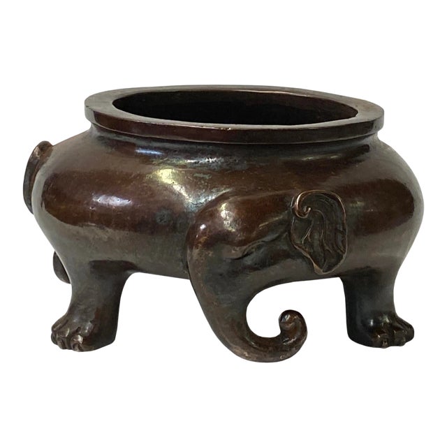 Oriental Brown Finish Metal Incense Burner Elephant Head Accent For Sale