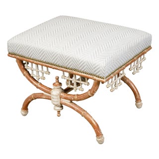 English Chinese Chippendale Style Faux Bamboo Stool with New Upholstery For Sale