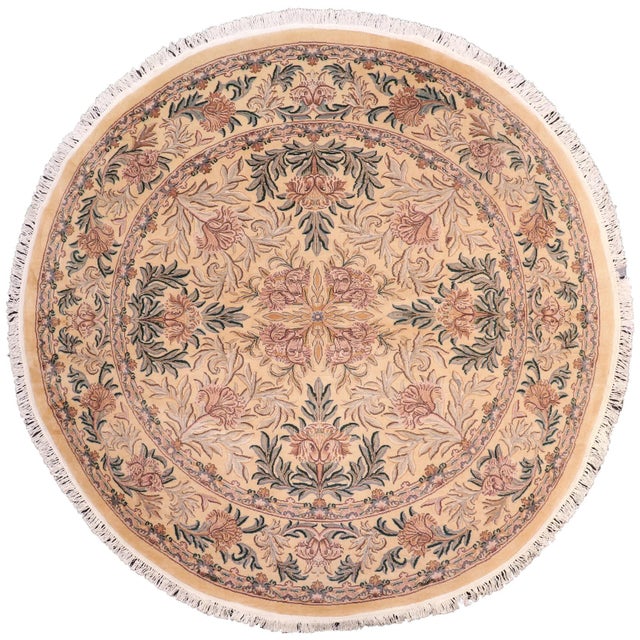 Shabby Chic 1990's Medallion Tulip Pak-Persian Gold/Pink Wool Round Rug- 8'2'' X 8'3'' For Sale - Image 9 of 9