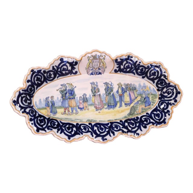 19th Century French Henriot Quimper Faience Wall Plaque With Breton Dance Scene For Sale