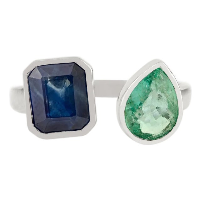 2.92 Ct Natural Emerald & Sapphire Toi Et Moi Ring in 18k Gold Size 6 For Sale