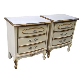 Vintage French Provincial Nightstands on Cream and Gold Accents - a Pair For Sale