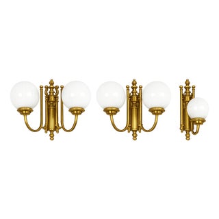 Vintage Brass Wall Lights with Frosted Glass Globes, 1960s, Set of 3 For Sale