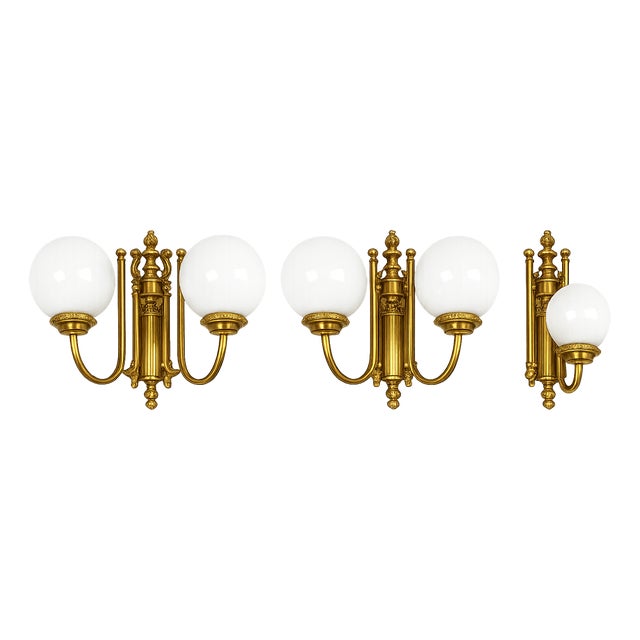 Vintage Brass Wall Lights with Frosted Glass Globes, 1960s, Set of 3 For Sale
