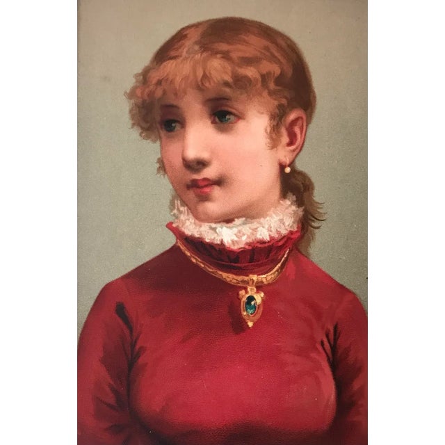 Victorian Antique Victorian Portrait of a Girl With and Emerald Necklace Chromolithograph Print Circa 1900 For Sale - Image 3 of 6