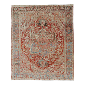 Antique Persian Heriz Rug With Central Medallion in Red and Blue 9'7 X 12'10