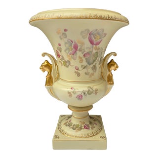 Vintage Victorian Style Floral and Gilt Griffin Handled Porcelain Urn For Sale