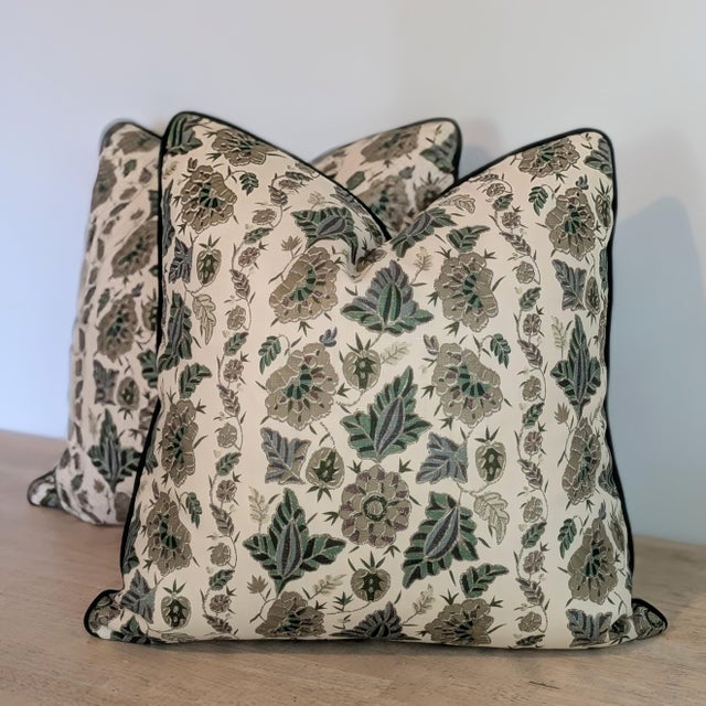 Soane Britain Filigree Flower in Gilt on Stone Linen Pillows With Green Cord - Double Sided For Sale In Greensboro - Image 6 of 8