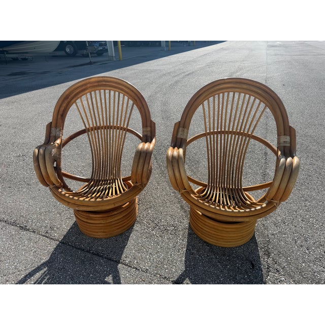 The bamboo chairs are comfortable and roomy with bucket design, 1 ottoman and thick cushions. Makers tags are present...
