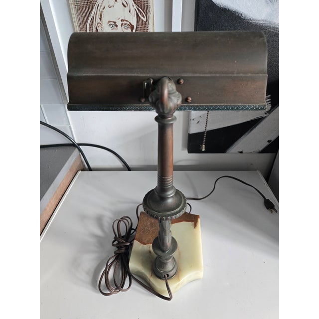1910s Early Bronze Sphinx Bankers Lamp W Onyx Base & Pen Holder For Sale In Miami - Image 6 of 13