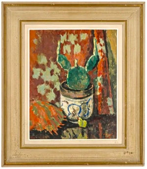Roger Mühl, Roger Muhl Fauvist Still Life Cactus Ecole de Paris French Oil Painting Paques, 1958