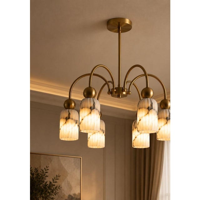 Mid-Century Modern Modern 6 Light Brass Chandelier, Alabaster Glass Pendant Light, Mid Century Ceiling Fixture, Luxury Dining Room Lighting For Sale - Image 3 of 6