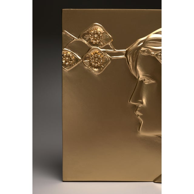 Pair of Secessionist Reliefs Made After Georg Klimt, Sculptural Golden Bas Relief With Female Profiles, Wall Object For Sale - Image 9 of 18