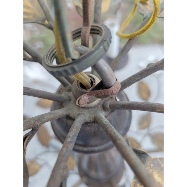 Vintage Wood Metal Ceramic White Rose Tole Italian White Ceramic Rose 5 Light Chandelier Fixture For Sale - Image 10 of 12