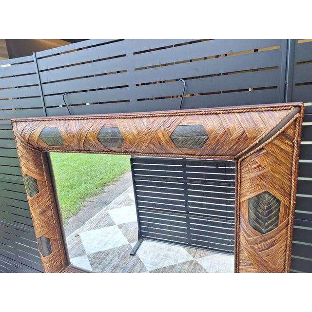 Late 20th Century Vintage Wrapped Rattan Brass Leaf Mirror For Sale - Image 5 of 12