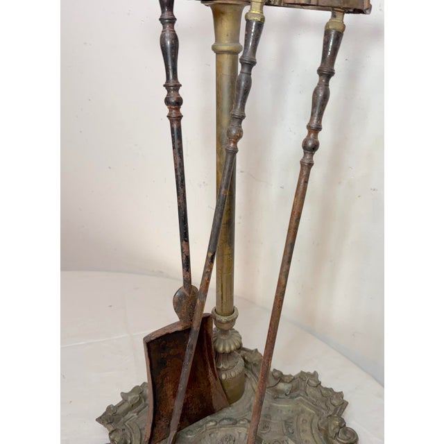 Metal Antique Ornate 19th Century Gilt Bronze Brass Fireplace Tool Tongs Shover Set For Sale - Image 7 of 12