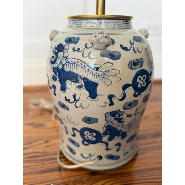 Chinoiserie Hand Painted Ceramic Ginger Jar Lamp With Blue Dragons For Sale - Image 4 of 8
