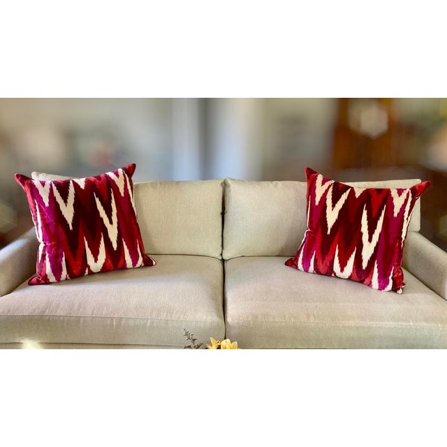 Textile Pair of 22" Custom Schumacher Kashgar Ikat Velvet Pillows, Pattern 176102 in Ruby & Plum For Sale - Image 7 of 18