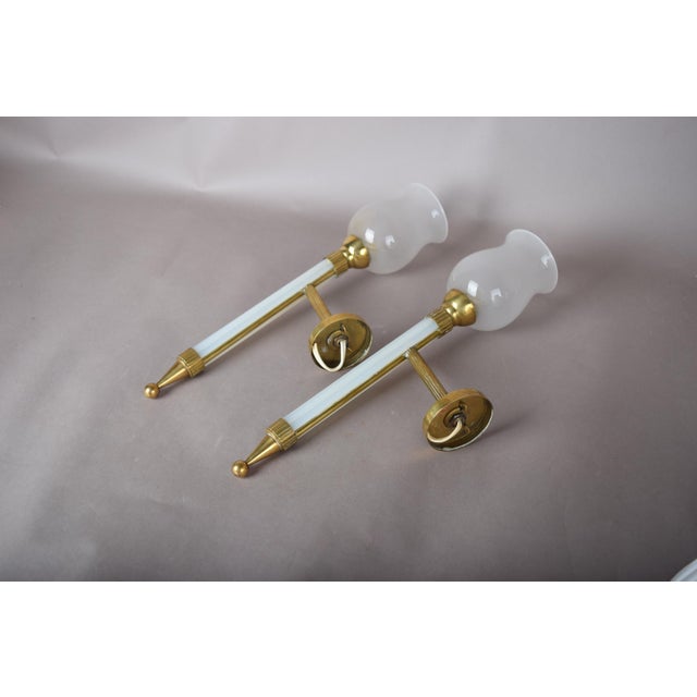Blue French Blue Opaline Glass and Brass Torch Wall Sconces with Glass Shades, 1950s, Set of 2 For Sale - Image 8 of 15