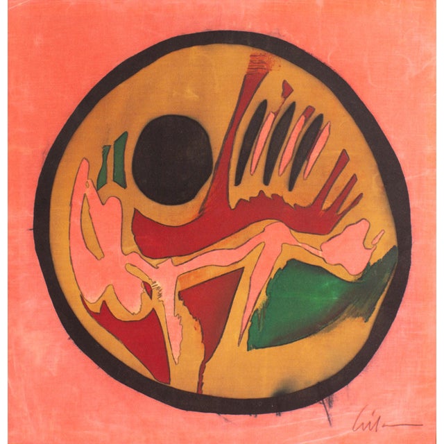A batik wax painting by the American artist Harry Hilson (1935-2004). From the artist's Circle series, this abstract batik...