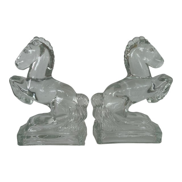 Vintage l.e. Smith Clear Glass Rearing Horse Bookends – Set of 2 (1950s) For Sale