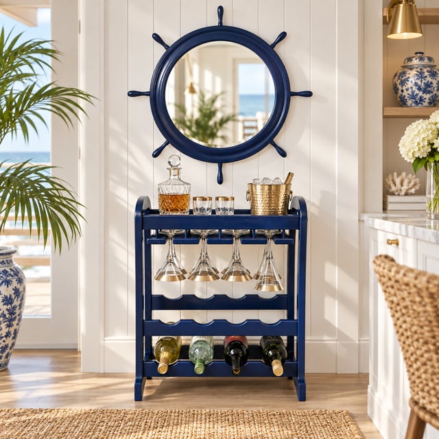 Artisan Made Solid Wood Navy Blue Wine &amp; Glass Rack Bar Cart Stand Circa 1960s Measurements: 26"T x 20.5"W x 12.75"D...