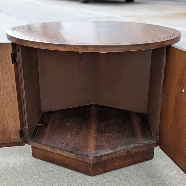 Vintage Mid-Century Round Walnut Cabinet Side Table For Sale - Image 4 of 9