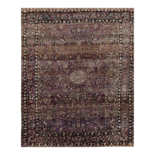 Great Eggplant Purple Background and Detail of Rossette Floral Border Geometric Design Antique Persian Silk Kashan by Kazan For Sale