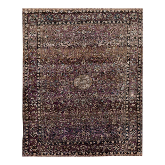 Great Eggplant Purple Background and Detail of Rossette Floral Border Geometric Design Antique Persian Silk Kashan by Kazan For Sale