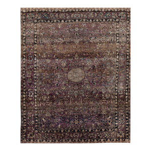 Great Eggplant Purple Background and Detail of Rossette Floral Border Geometric Design Antique Persian Silk Kashan by Kazan