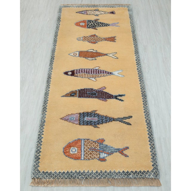 Koi Fish Yellow Hand Knotted Runner Rug 2.6x12Ft. For Sale - Image 14 of 15